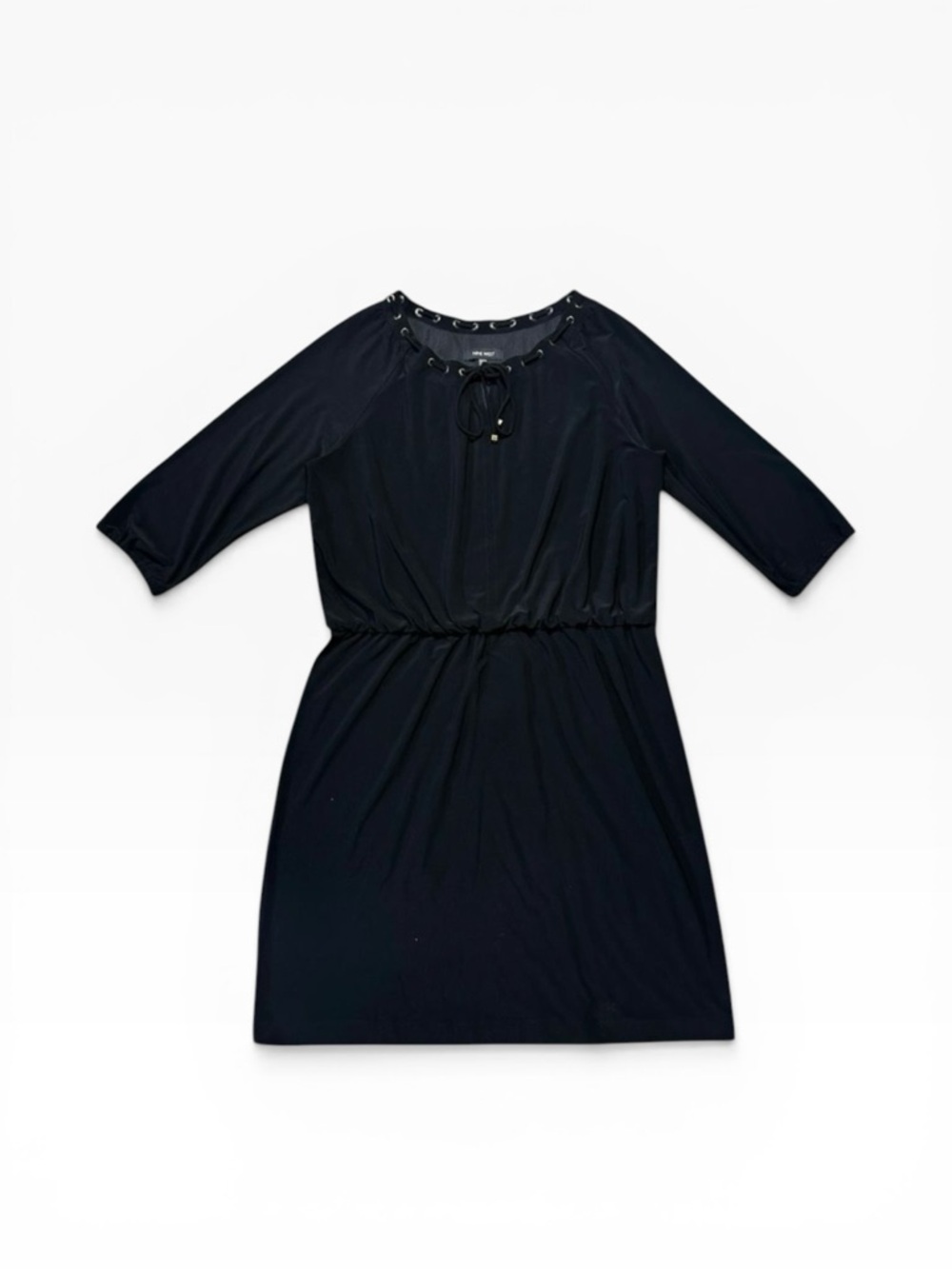 Nine West Dress Women’s 14 Gold Grommet Tie Neck Cinched Waist Black LBD